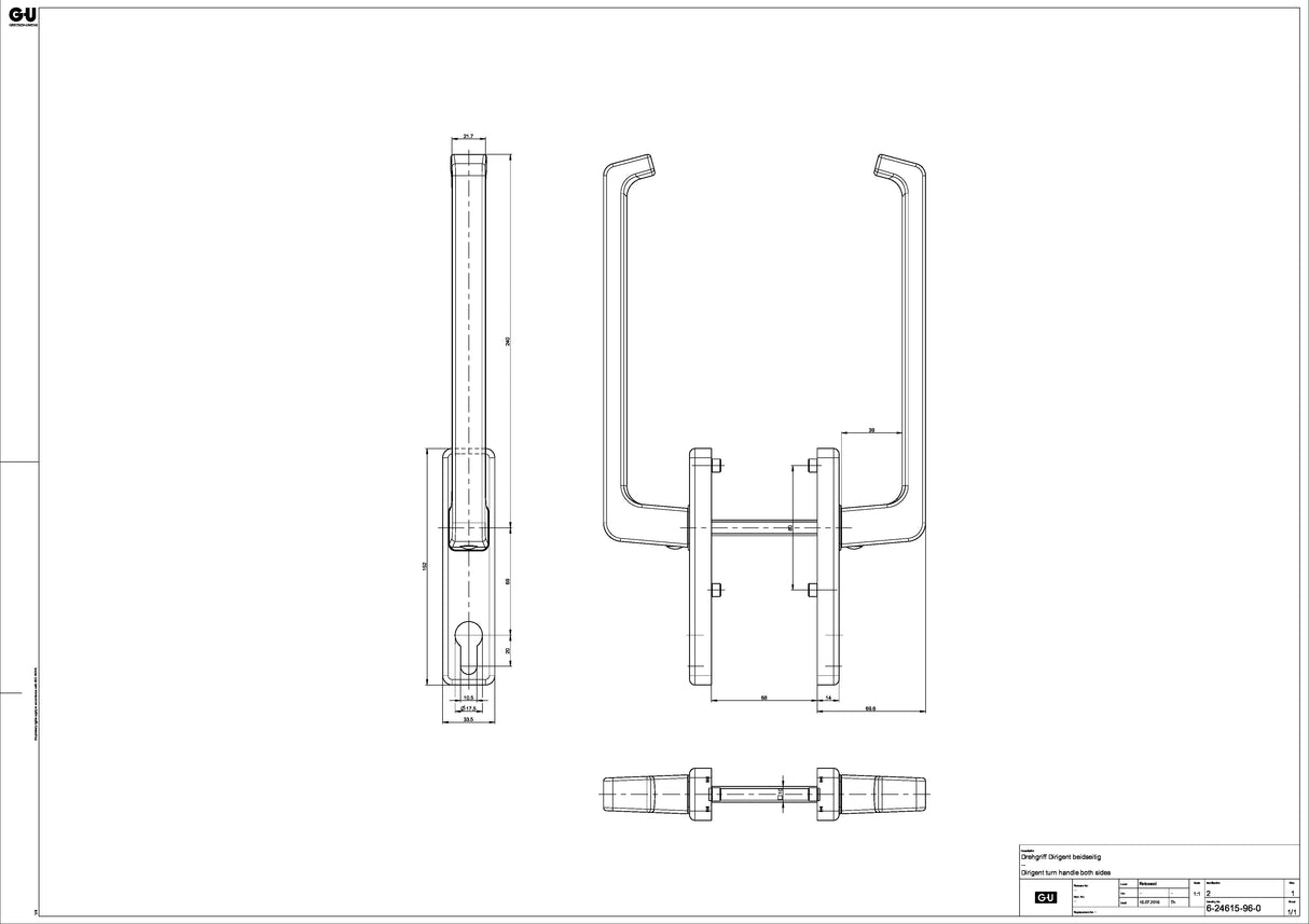 GU schuifpui beslag binnen/buiten greep met cilindergat incl schroeven M6x75