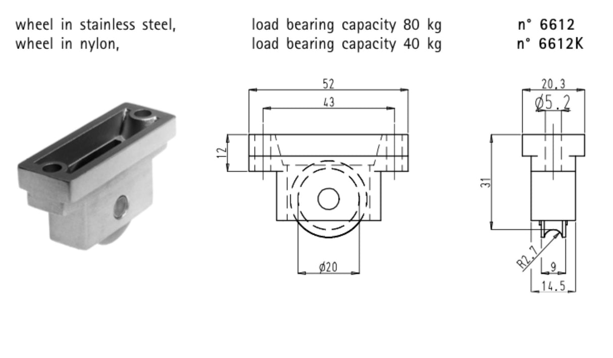 Sobinco rouleau de porte coulissante en acier inoxydable (RVS) simple, 80kg 6612
