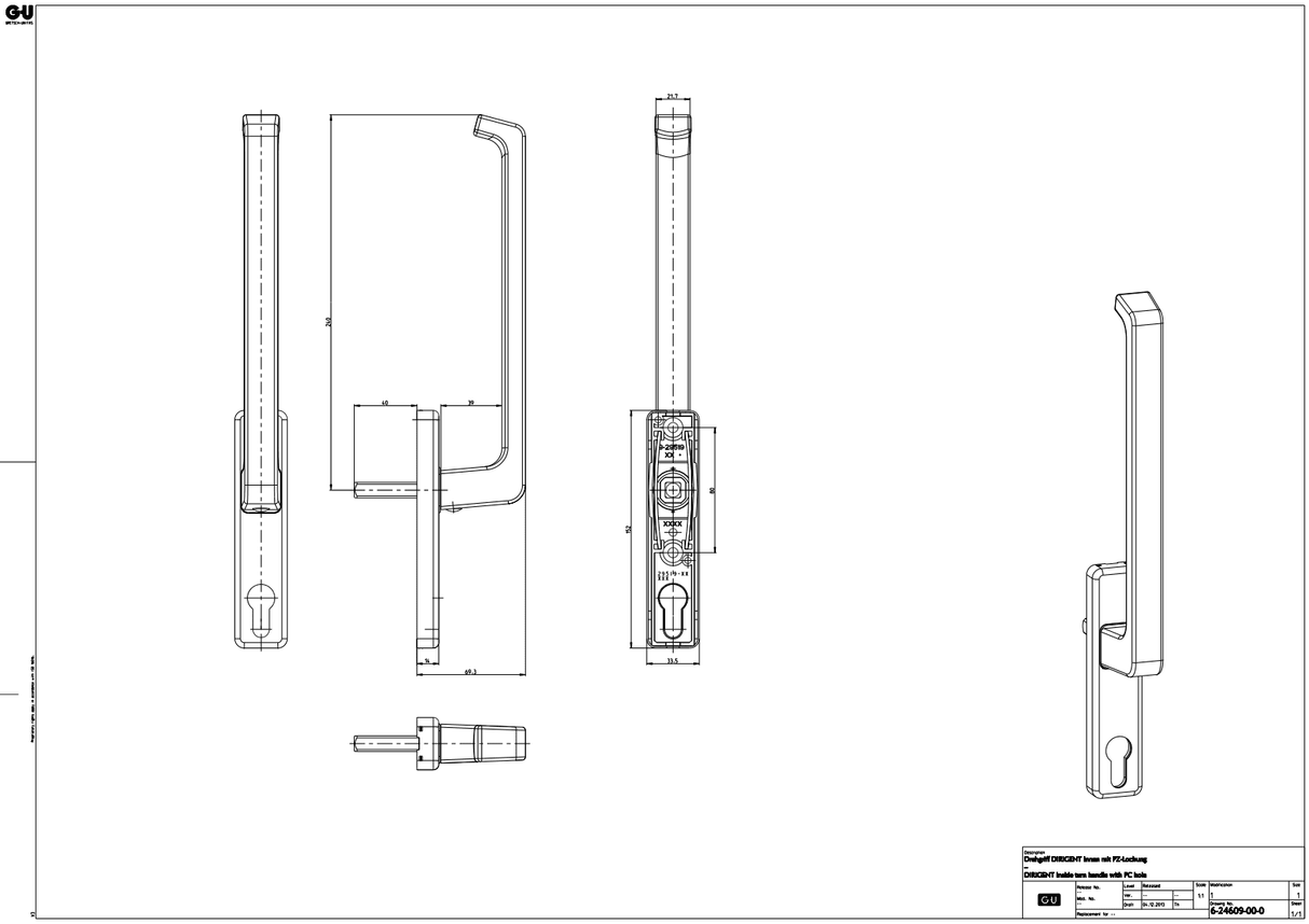 Aluminium Hefschuifpui hendel afneembaar zonder cilindergat en kom buitenzijde incl schroeven M6x65