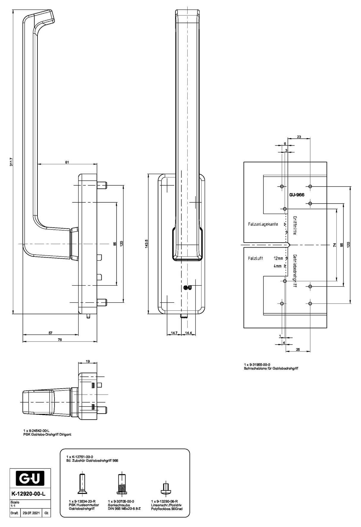 GU 966 Fitting PSK Tilt and turn lever right - Various colours
