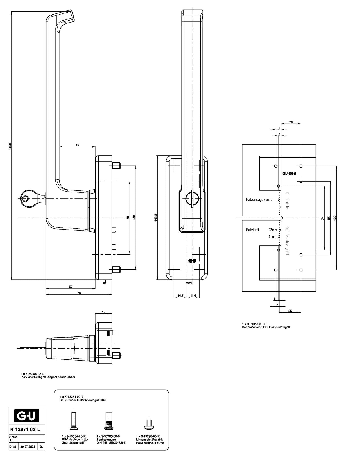 GU 966 Beslag PSK Draaikiep hendel rechts afsluitbaar - Diverse kleuren