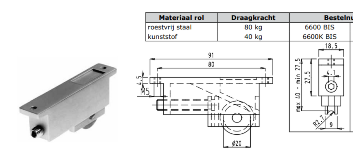 Sobinco stalen enkel schuifpui wiel, verstelbaar 80kg 6600 BIS