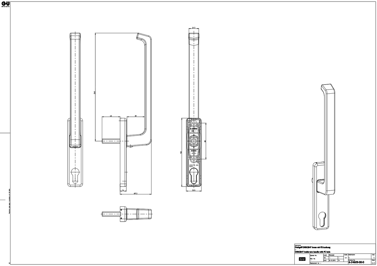 Abnehmbarer Aluminium-Hebe-Schiebe-Türgriff mit Zylinderloch und Schüssel außen, inkl. Schrauben M6x65