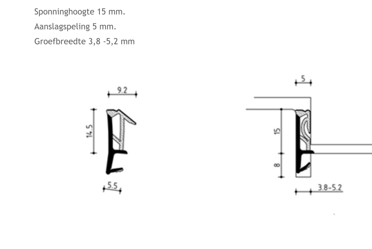 Rahmengummi für Holz-Dreh-Kipp-Fenster und PSK-Schiebetüren, Falz 15 mm, Preis pro Meter.